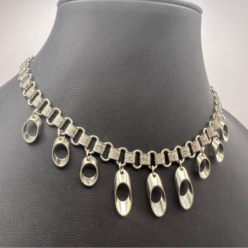 Unusual Silver Tone Book Chain Necklace w/ Midcentury Modern Dangles - Picture 2 of 8